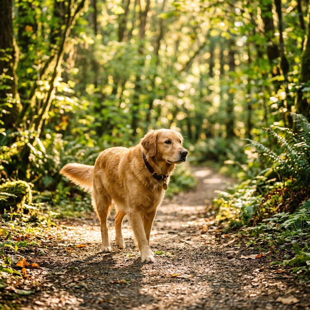 A noble retriever trotting through a beautiful sun-dappled forest trail