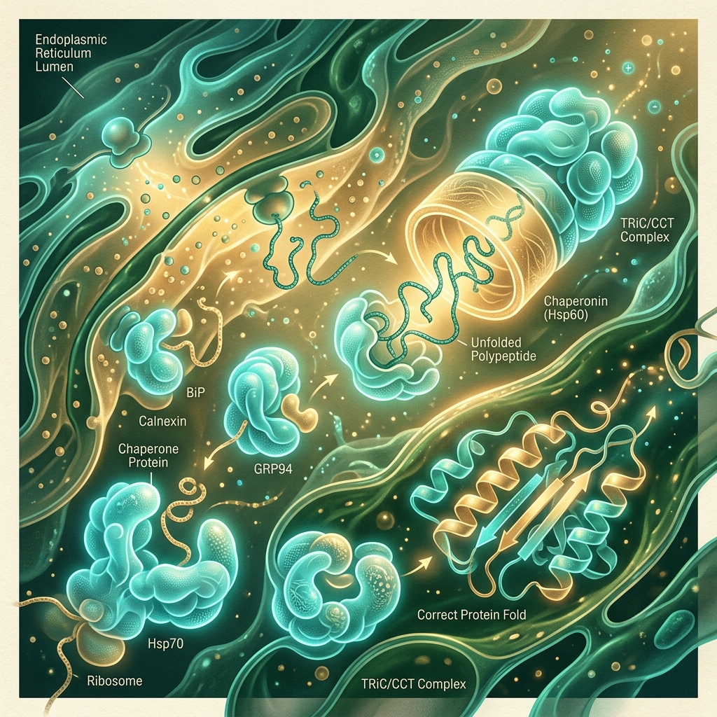 A microscopic luxury science illustration detailing endoplasmic reticulum chaperone pathways (HSP70, Calnexin, GRP94, BiP) refolding polypeptides