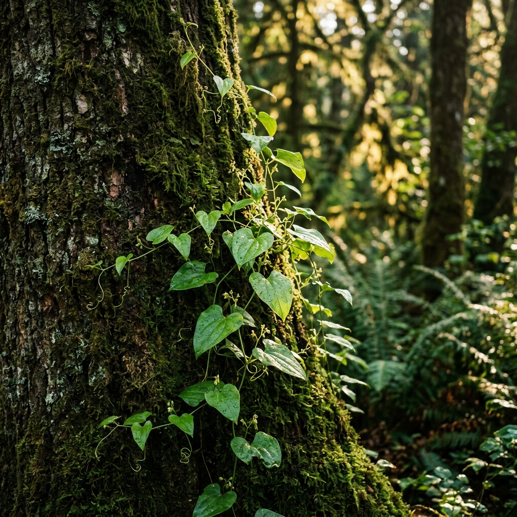 A healthy Smilax glabra vine scaling an ancient mossy tree trunk in a lush forest understory